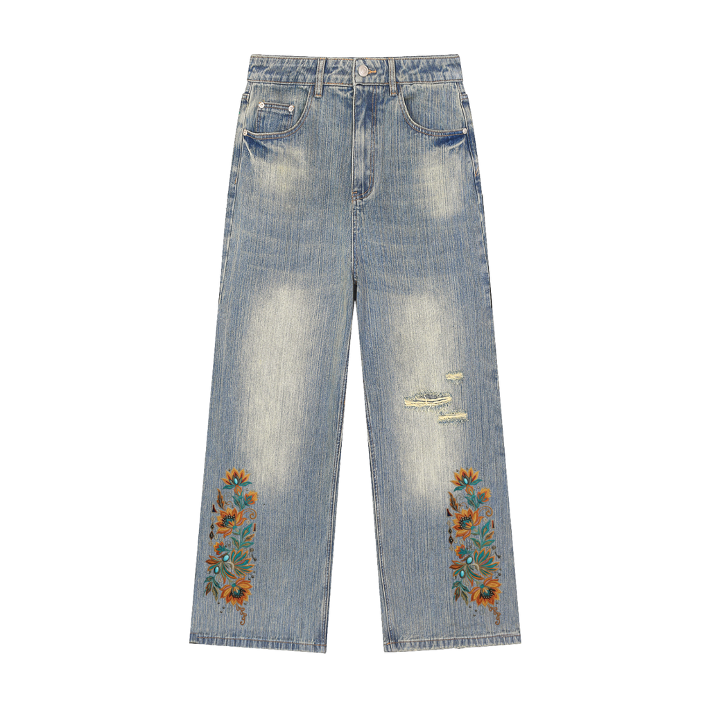 Floral Embroidery Distressed Jeans Vintage
