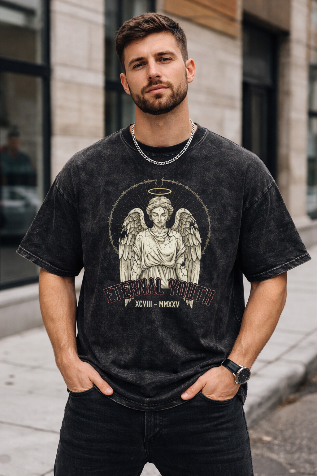 Eternal Youth" Angel Snow Washed Oversized Cotton T-Shirt